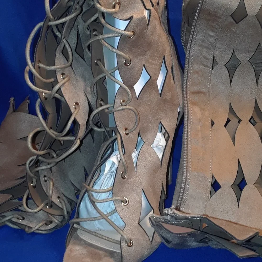 Gladiator Thigh High  SUEDE Stilettos  Boots Open Toe / CUT OUTS